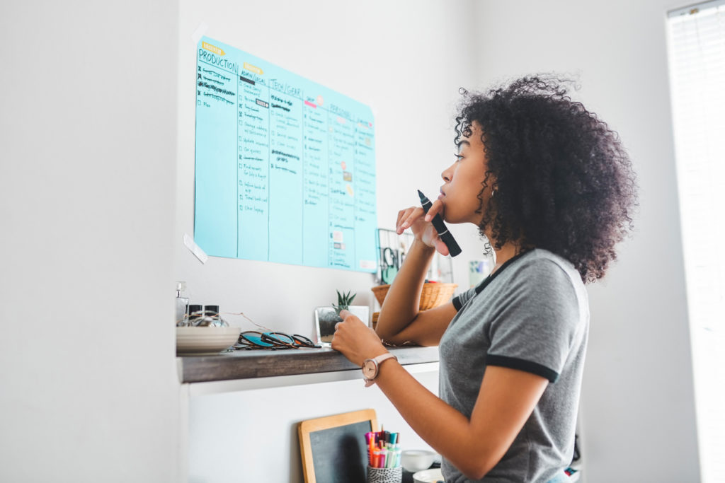 Shot of a young woman marking something on a poster on her wall at home